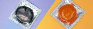 condoms on a purple and orange background
